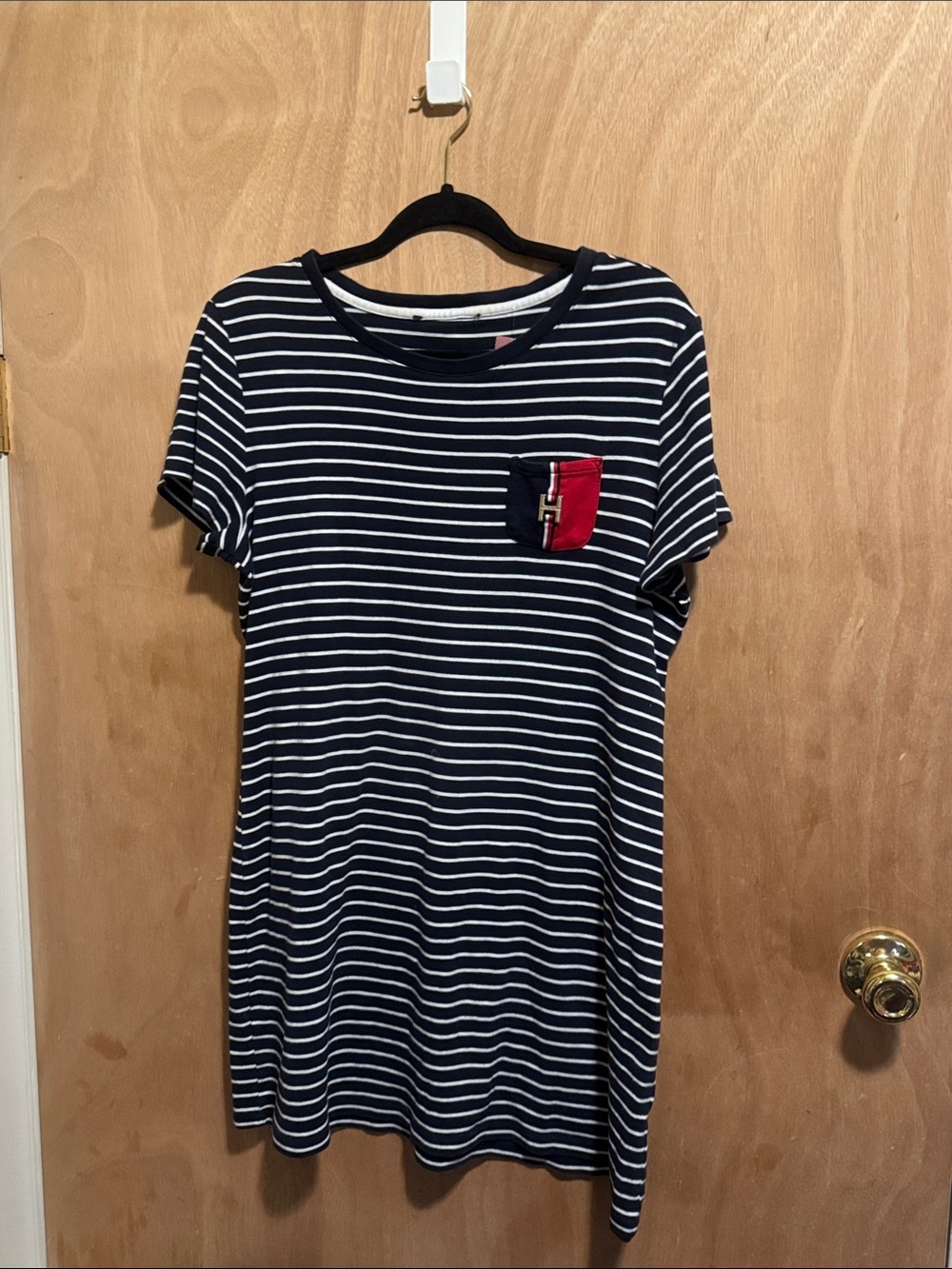 Tommy Hilfiger Striped Navy & White Tee Dress with Red Accent Pocket